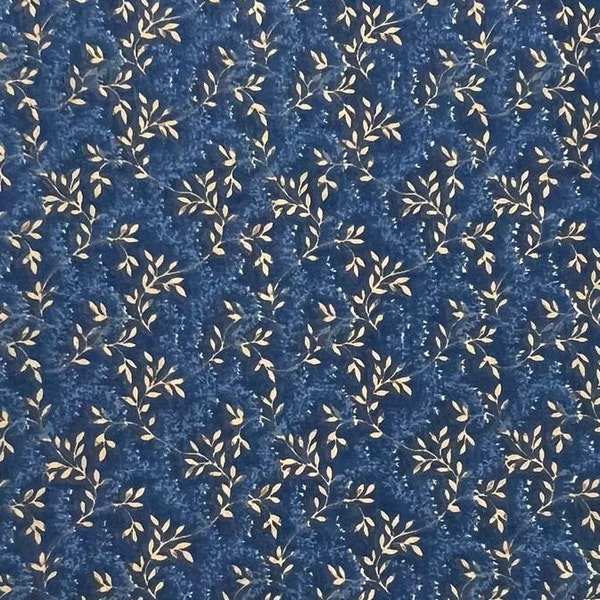 Blue with small cream leaf design cotton fabric by the half and full yard lengthens
