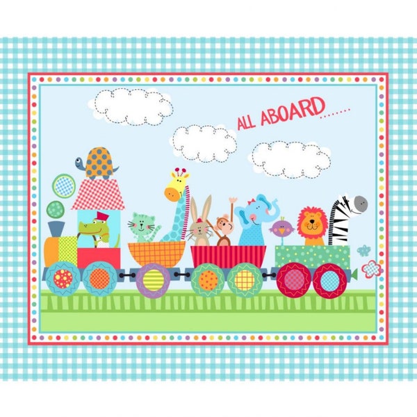 Baby quilt panel animal train