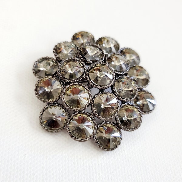 Vintage 1960s 73.53cttw Japanned Metal Inverted Rivoli Layered Smoke Rhinestones, Rope Bezel Set Brooch Pin