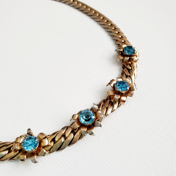 Vintage 1940s Coro GoldTone 4.2cttw Aquamarine Floral Rhinestone Chain Link Collar Necklace