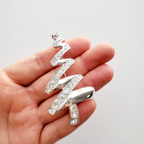 1980s Vintage, Monet, Rhinestone Christmas Tree Brooch Pin in Silver