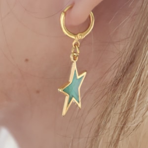 Emerald Green Star Earrings: 24k Gold Plated Hoop Dangle Earrings