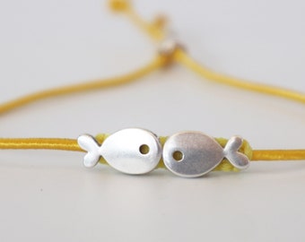 Under the Sea: Handcrafted Adjustable Bracelet with Silk Cord and Two Fish Charms, minimalist bracelet  dainty bracelet