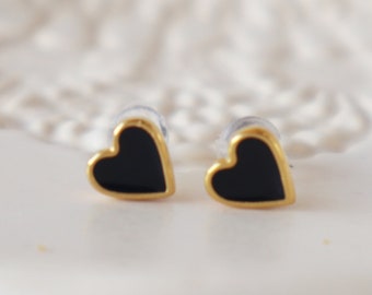 Black Heart with  titanium pin stud earrings,24k gold plated Minimalist earrings,Birthday gift for her,Love Heart Studs, Dainty Studs