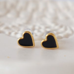 Black Heart with  titanium pin stud earrings,24k gold plated Minimalist earrings,Birthday gift for her,Love Heart Studs, Dainty Studs