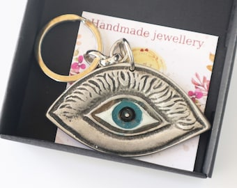 Portachiavi con occhio blu dipinto a mano, talismano placcato in argento, ciondolo occhio di Allah per borsa, regalo di protezione