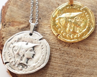 Athena Münzanhänger Halskette, 24 K Vergoldet, 45 oder 60 cm Kette, Handgefertigter Griechischer Schmuck Geschenk
