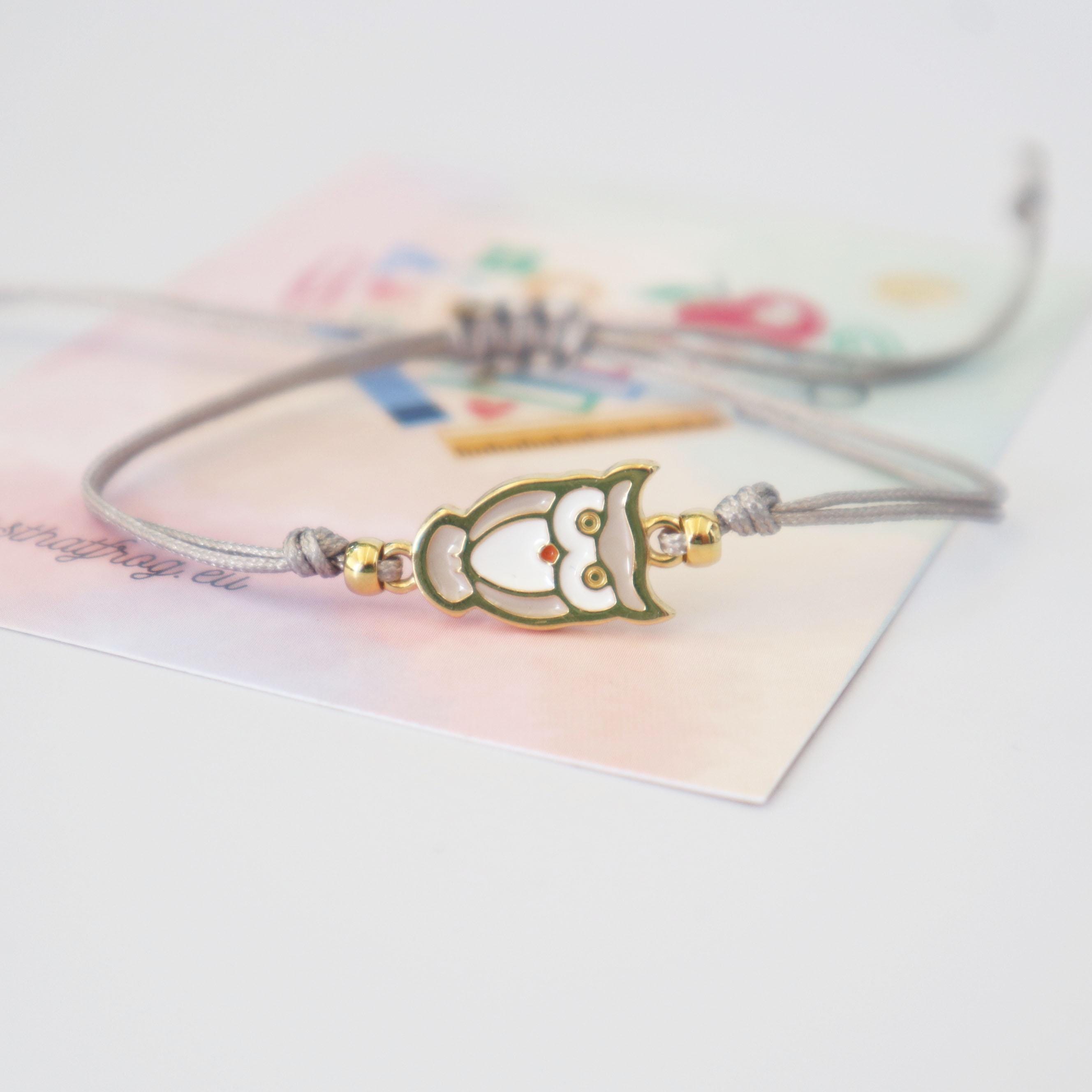 Owl Bracelet for School Enrollment, 24K Gold Plated Enamel Charm, Adjustable Cord Bracelet, Back to