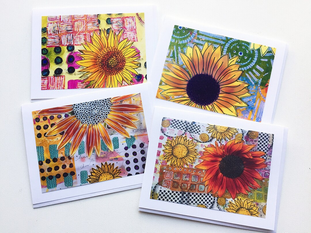 Sunflower Card Set, Handmade Mixed Media Notecards, Blank Note Cards ...