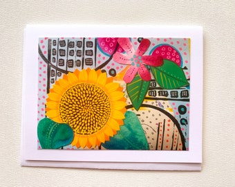 Sunflower Card, Digital Sunflower Collage Notecard, Blank Card Inside, Sunflower Friend Gift Card for Her