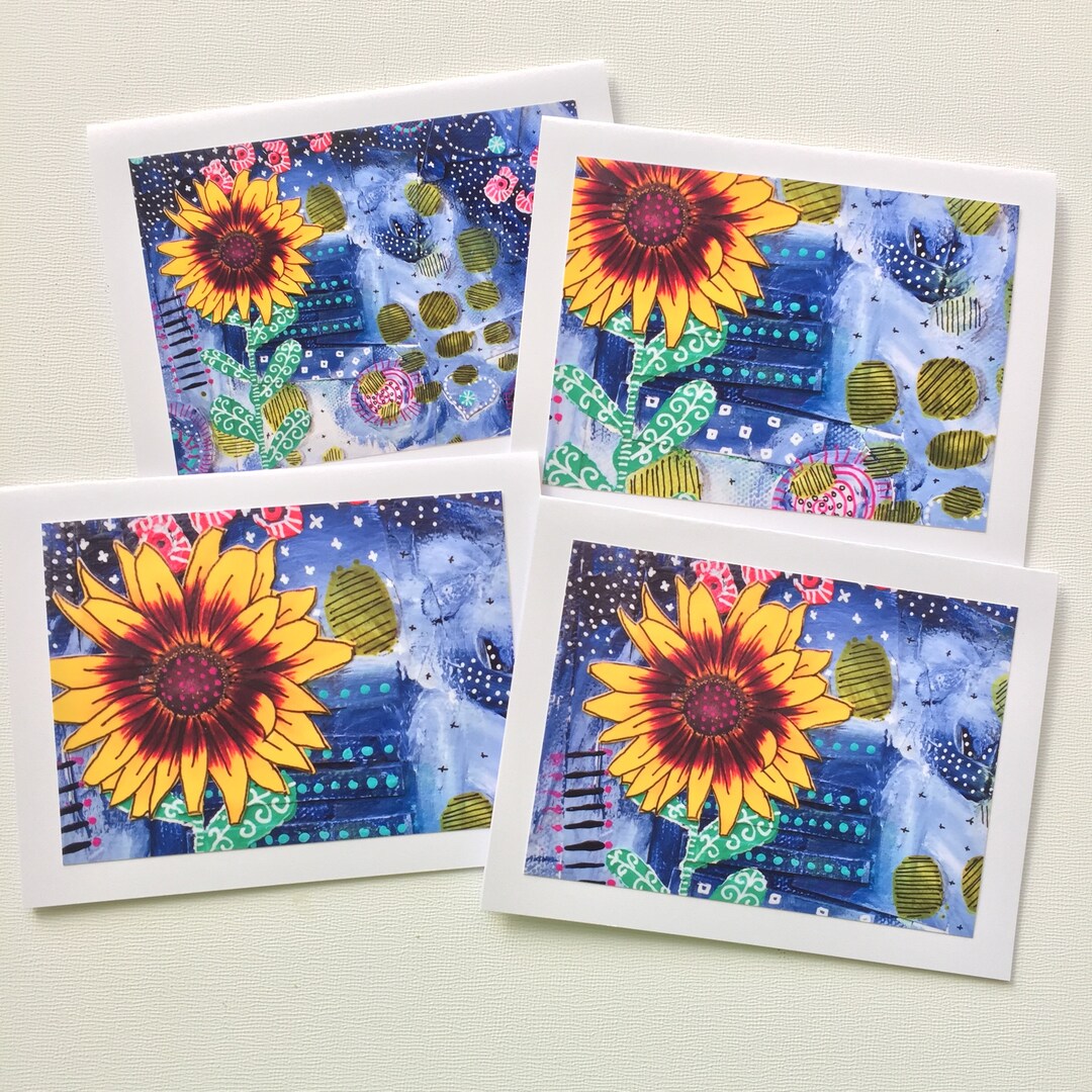 Sunflower Cards, Handmade Mixed Media Notecards, Blank Note Card Set ...