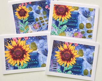 Sunflower Cards, Handmade Mixed Media Notecards,  Blank Note Card Set, Sunflower Cards, Gift for Her