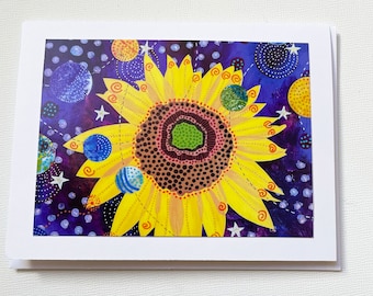 Outer Space Card, Sunflower Universe Notecard, Planetary Sunflower Collage Card, Blank Card Inside, Sunflower Friend Gift Card for Her