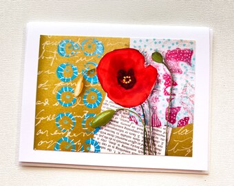 Poppy Card, Digital Poppy Collage Notecard, Blank Card Inside, Poppy Friend Gift Card for Her