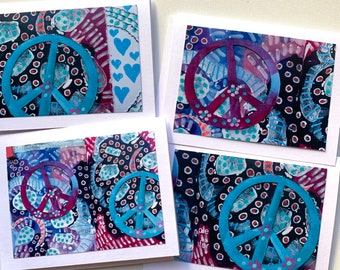 Peace Sign Cards, Handmade Mixed Media Notecards,  Blank Note Card Set, Peace Sign Cards, Gift for Her