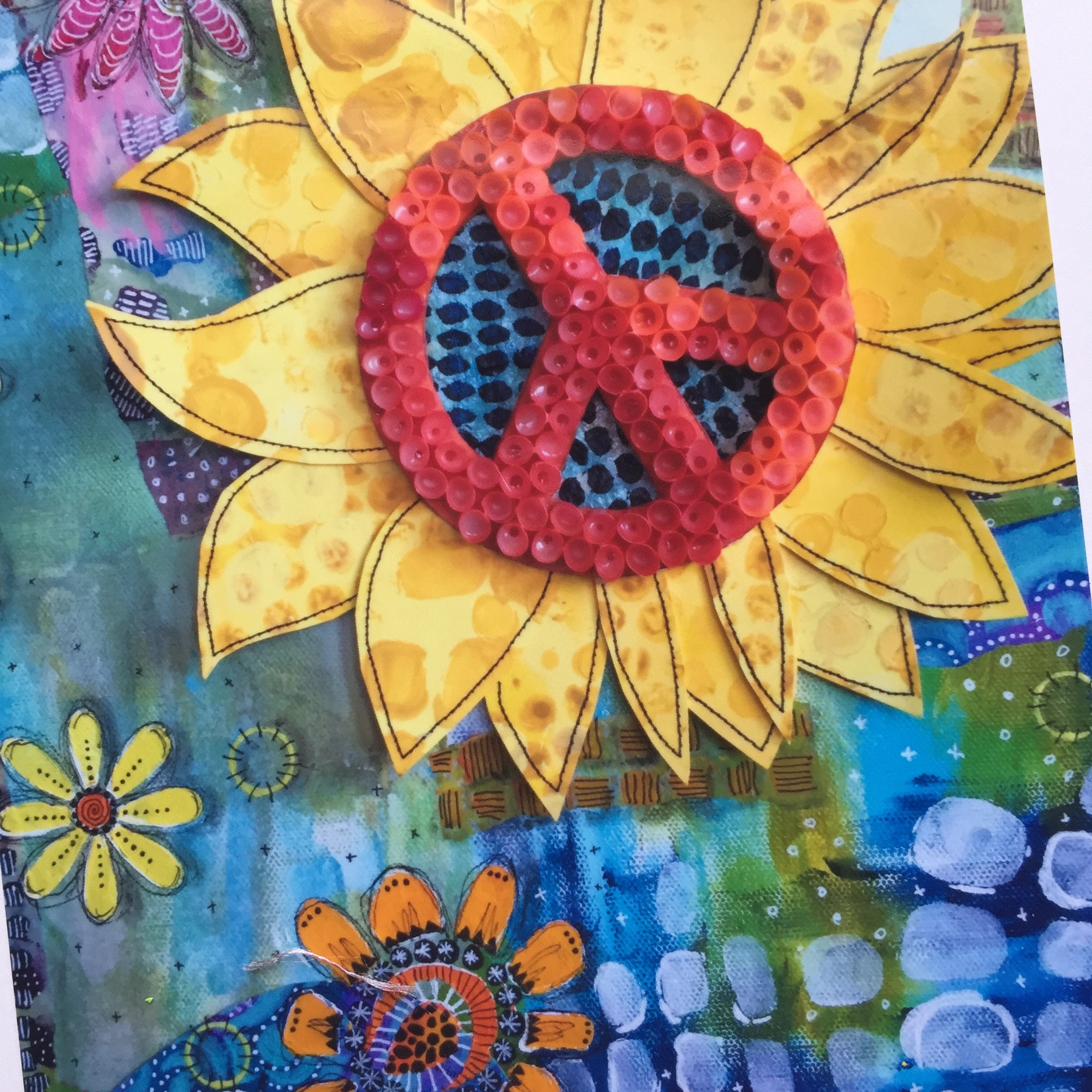 Sunflower Peace Sign Card Set, Handmade Mixed Media Notecards, Blank ...