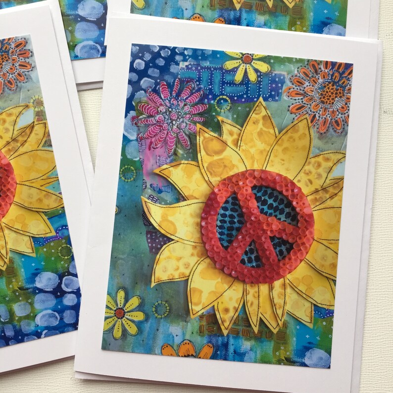 Sunflower Peace Sign Card Set, Handmade Mixed Media Notecards, Blank