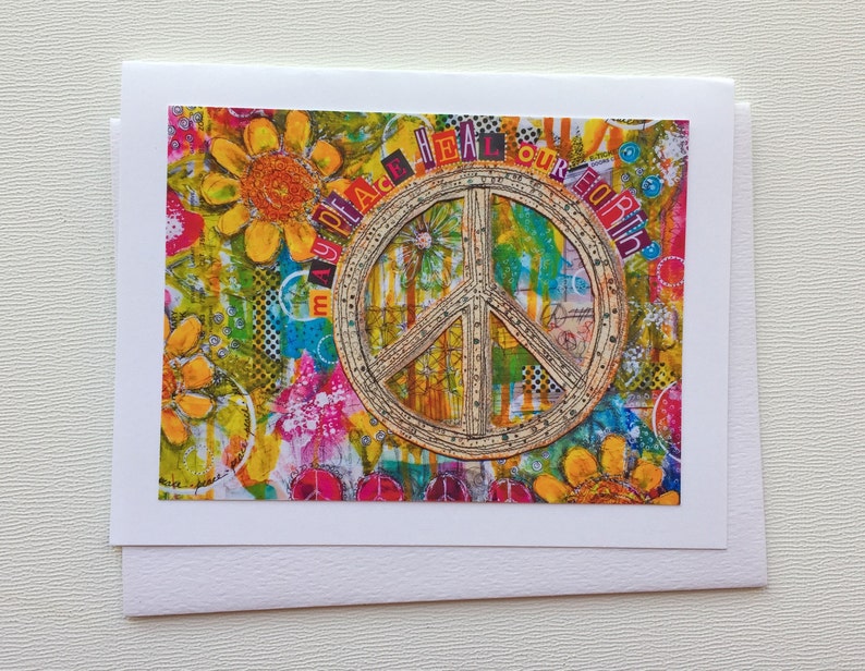 Peace Sign Card Set, Handmade Mixed Media Notecards, Blank Note Cards, Flowers and Peace Cards, Gift for Her image 3