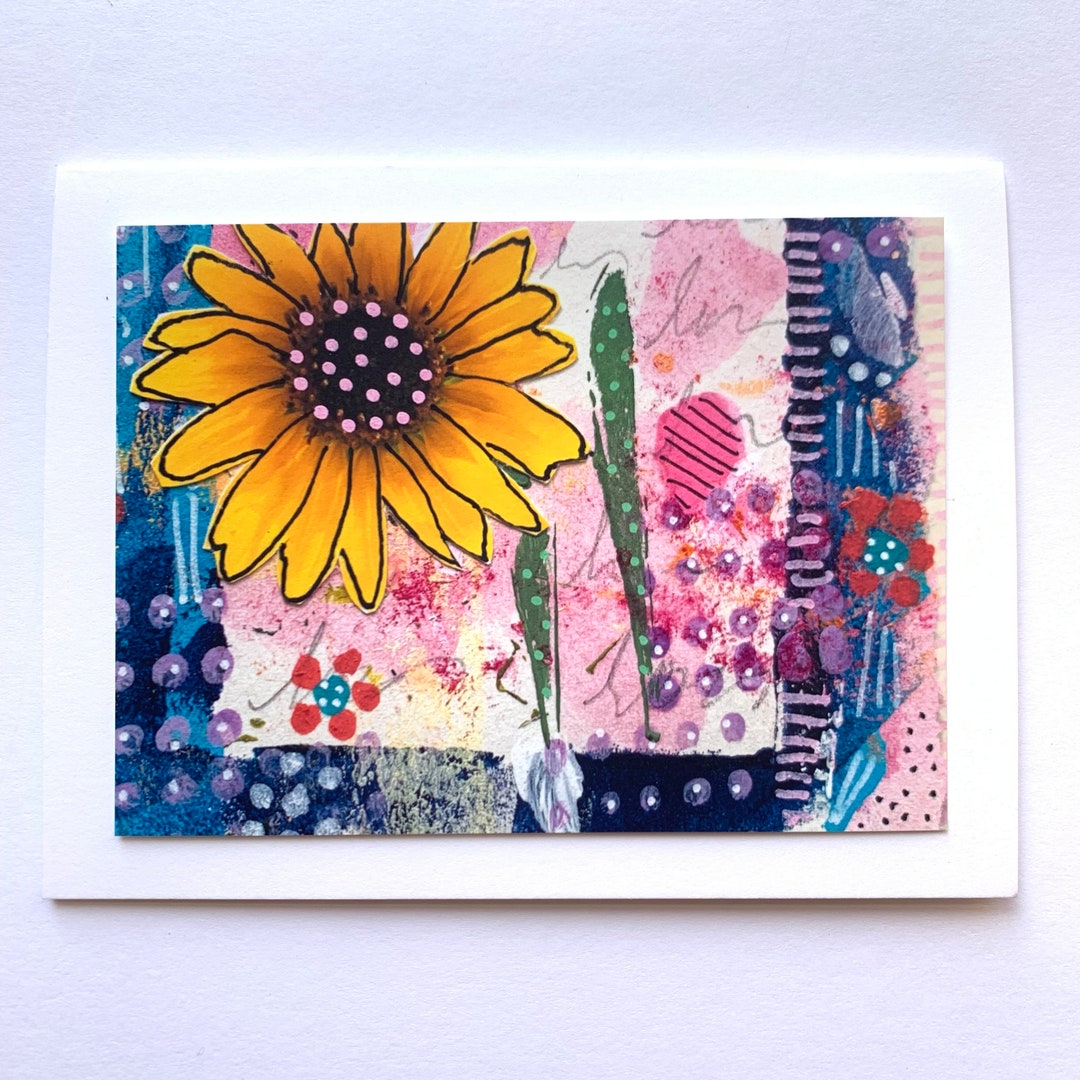 Sunflower Blank Notecard Handmade, Sunflower Note Card, Mixed Media ...