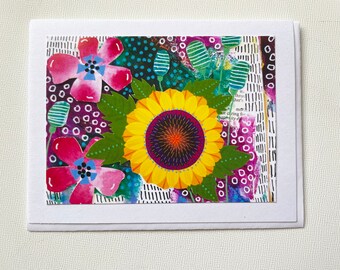 Sunflower Collage Notecard, Blank Mixed Media Print Stationery Card, Handmade Gift for Her