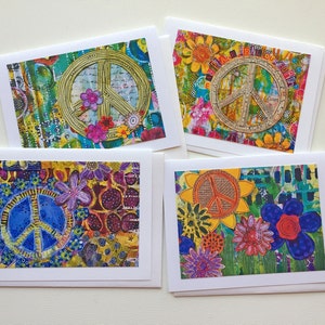 Peace Sign Card Set, Handmade Mixed Media Notecards, Blank Note Cards, Flowers and Peace Cards, Gift for Her image 1