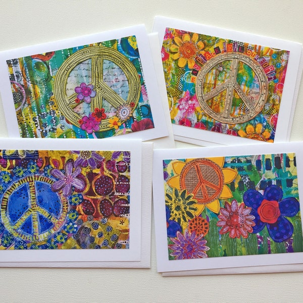 Peace Sign Card Set, Handmade Mixed Media Notecards,  Blank Note Cards, Flowers and Peace Cards, Gift for Her