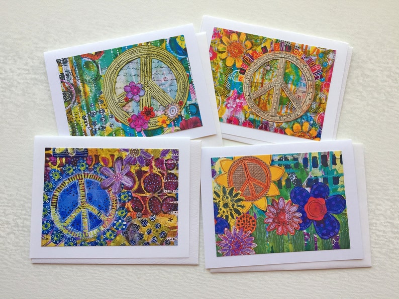 Peace Sign Card Set, Handmade Mixed Media Notecards, Blank Note Cards, Flowers and Peace Cards, Gift for Her image 1