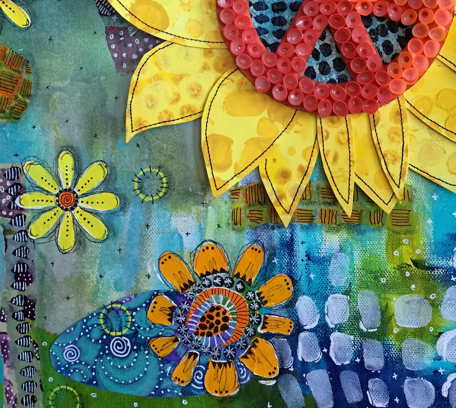 Sunflower Peace Sign Card Set, Handmade Mixed Media Notecards, Blank ...