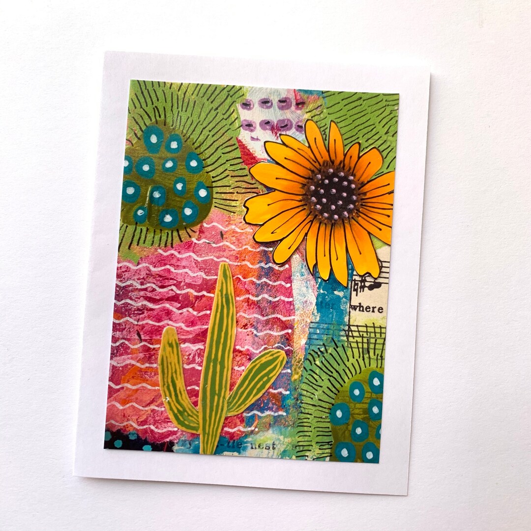 Sunflower Notecard Handmade, Blank Sunflower Note Card, Mixed Media ...