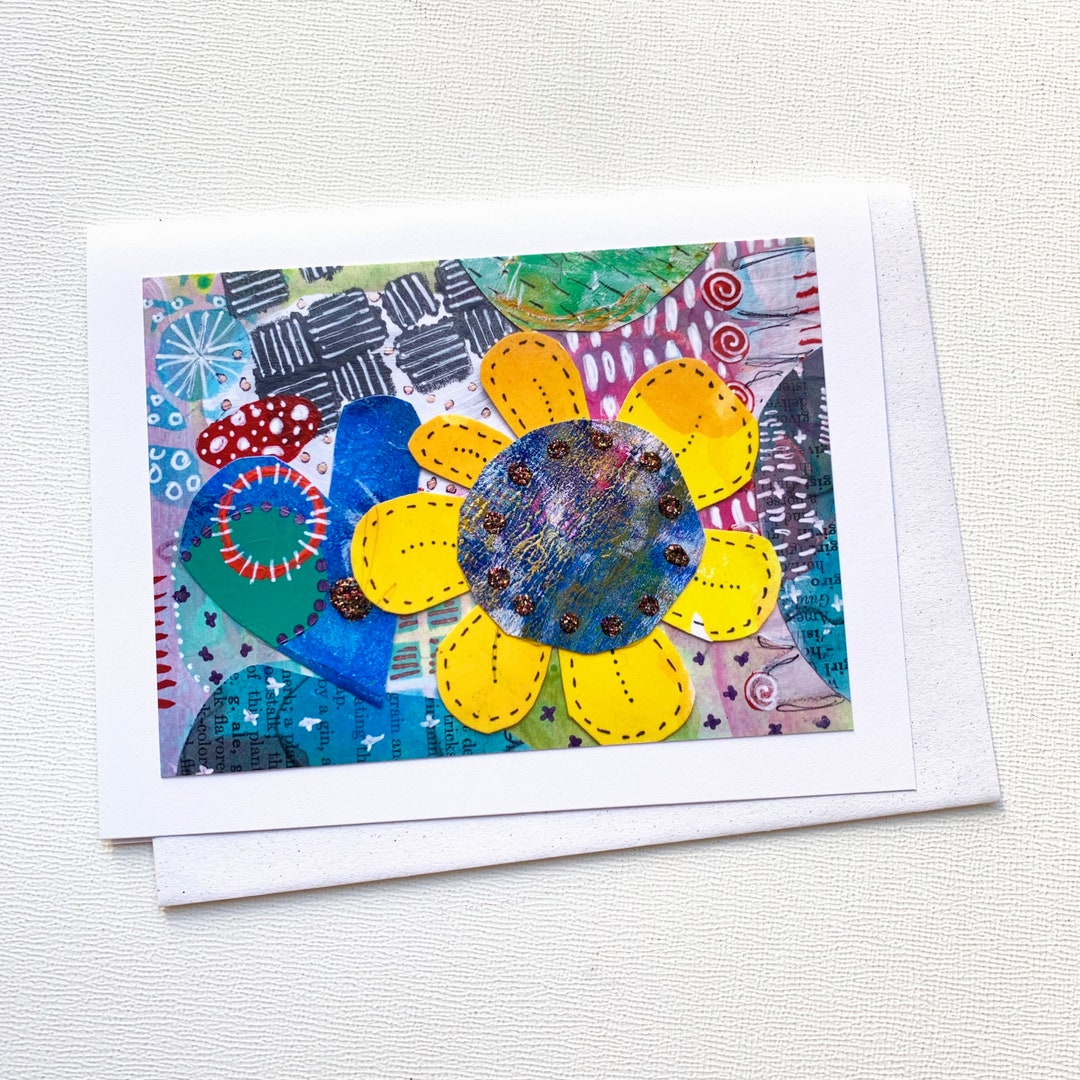 Sunflower Card Blank Inside, Folk Art Sunflower Notecard, Sunflower ...