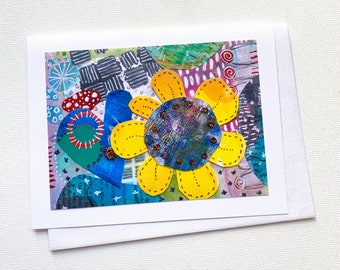 Sunflower Card Blank Inside, Folk Art Sunflower Notecard, Sunflower Friend Gift Card for Her