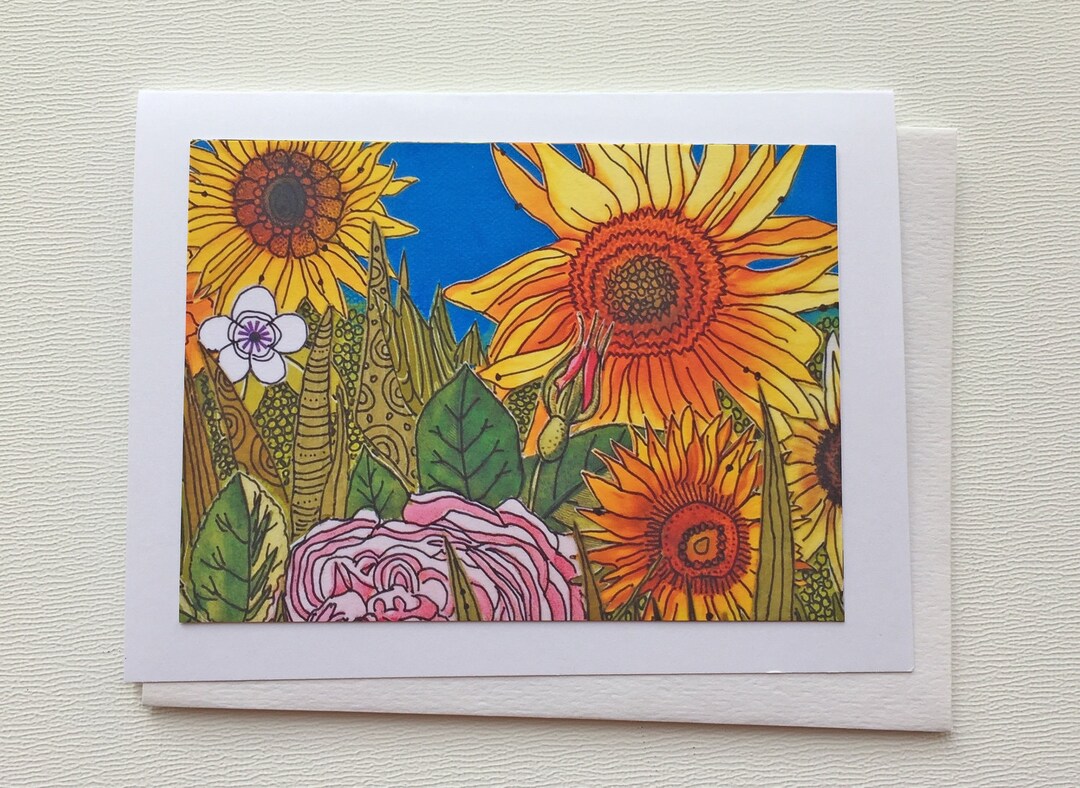 Sunflower Handmade Notecard, Blank Mixed Media Print Stationery Card ...