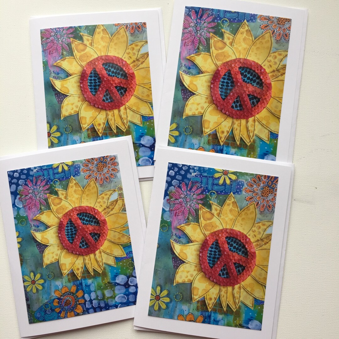 Sunflower Peace Sign Card Set, Handmade Mixed Media Notecards, Blank ...