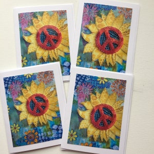 Juego de tarjetas del signo de la paz del girasol, tarjetas de notas de técnica mixta hechas a mano, tarjetas de notas en blanco, girasol y tarjetas de la paz, regalo para ella