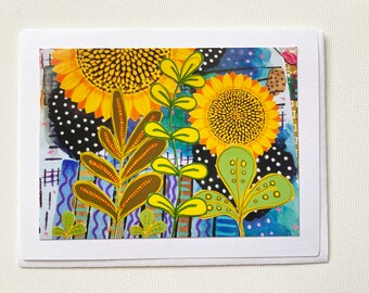 Sunflower Notecard, Blank Mixed Media Print Stationery Card, Handmade Gift for Her