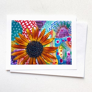 Sunflower Card Blank Inside, Folk Art Sunflower Notecard, Red Sunflower Friend Gift Card for Her