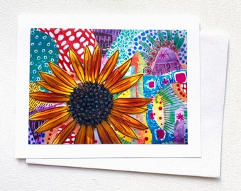 Sunflower Card Blank Inside, Folk Art Sunflower Notecard, Red Sunflower Friend Gift Card for Her