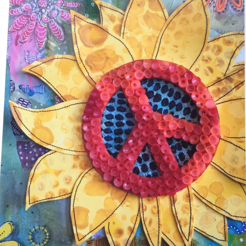 Sunflower Peace Sign Card Set, Handmade Mixed Media Notecards, Blank