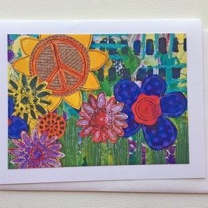 Blank Notecard Handmade, Peace Sign and Flowers Note Card, Mixed Media Collage Note Card, Stationery Gift for Her