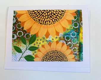 Sunflower Note Card - Sunflower Card - Handmade Stationery - Notecards - Handmade Cards - Digital Sunflower Card - Note Card - Gift for Her