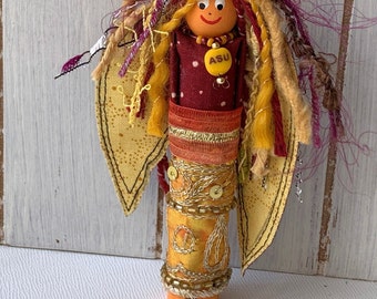 ASU Angel Worry Doll Ornament,  Whimsical Handmade Folk Art, ASU Fan Gift