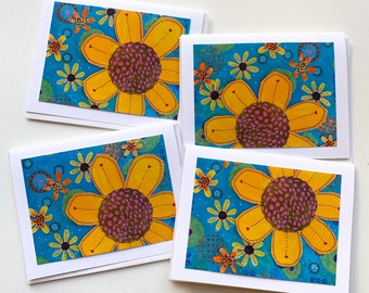 Sunflower Cards, Sunflower Art Card Set, Handmade Blank Greeting Cards, Notecard Handmade Stationery, Sunflower Gift for Her