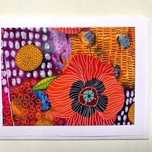 Mohnblumen Notizkarte Handgemacht, Blanko Blume Notizkarte, Mixed Media Collage Notizkarte, Briefpapier Geschenk für Sie