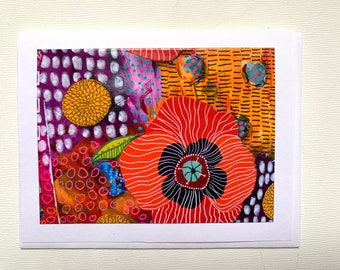 Poppy Notecard Handmade, Blank Flower Note Card, Mixed Media Collage Note Card, Stationery Gift for Her
