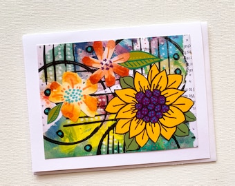 Sunflower Card, Digital Sunflower Collage Notecard, Blank Card Inside, Sunflower Friend Gift Card for Her