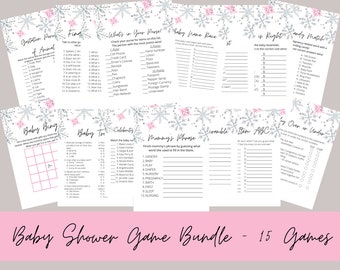 May include: A set of 15 printable baby shower games with a winter snowflake theme. The games include "Gestation Period of Animal", "Find the Difference", "What's in Your Purse", "Baby Name Race", "Is it Right", "Candy Match", "Baby Bingo", "Baby Trivia", "Celebrities", "Mommy's Phrase", "Scramble", "Item ABC", "By Over or Under".