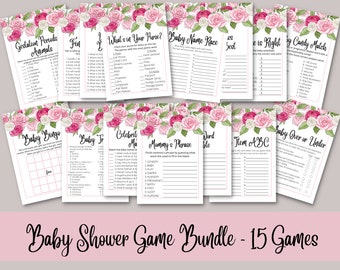 Roze Rozen Baby Shower Games Bundel | Roze bloemen baby shower games bundel | Direct games downloaden | De Douche | van de Baby van het meisje Afdrukbare