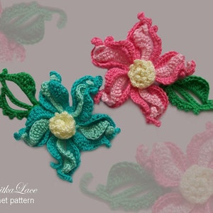 Unusual flowers with swirls using Irish crochet lace technique. Step-by-step guide with images, crochet diagrams and description.