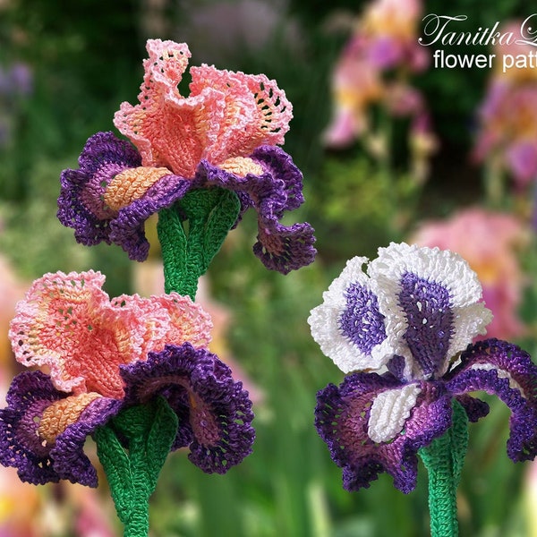 Pattern Iris - Crochet pattern- Lace flower pattern. Tutorial & How to make applique, brooch, bouquet. Step-by-step instruction