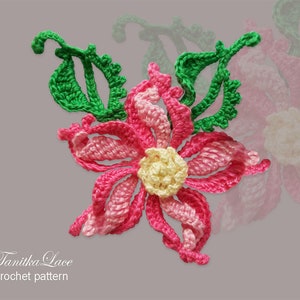 Pink flower with leaves. Unusual flowers with curls.  Step-by-step instructions for crocheting flowers.